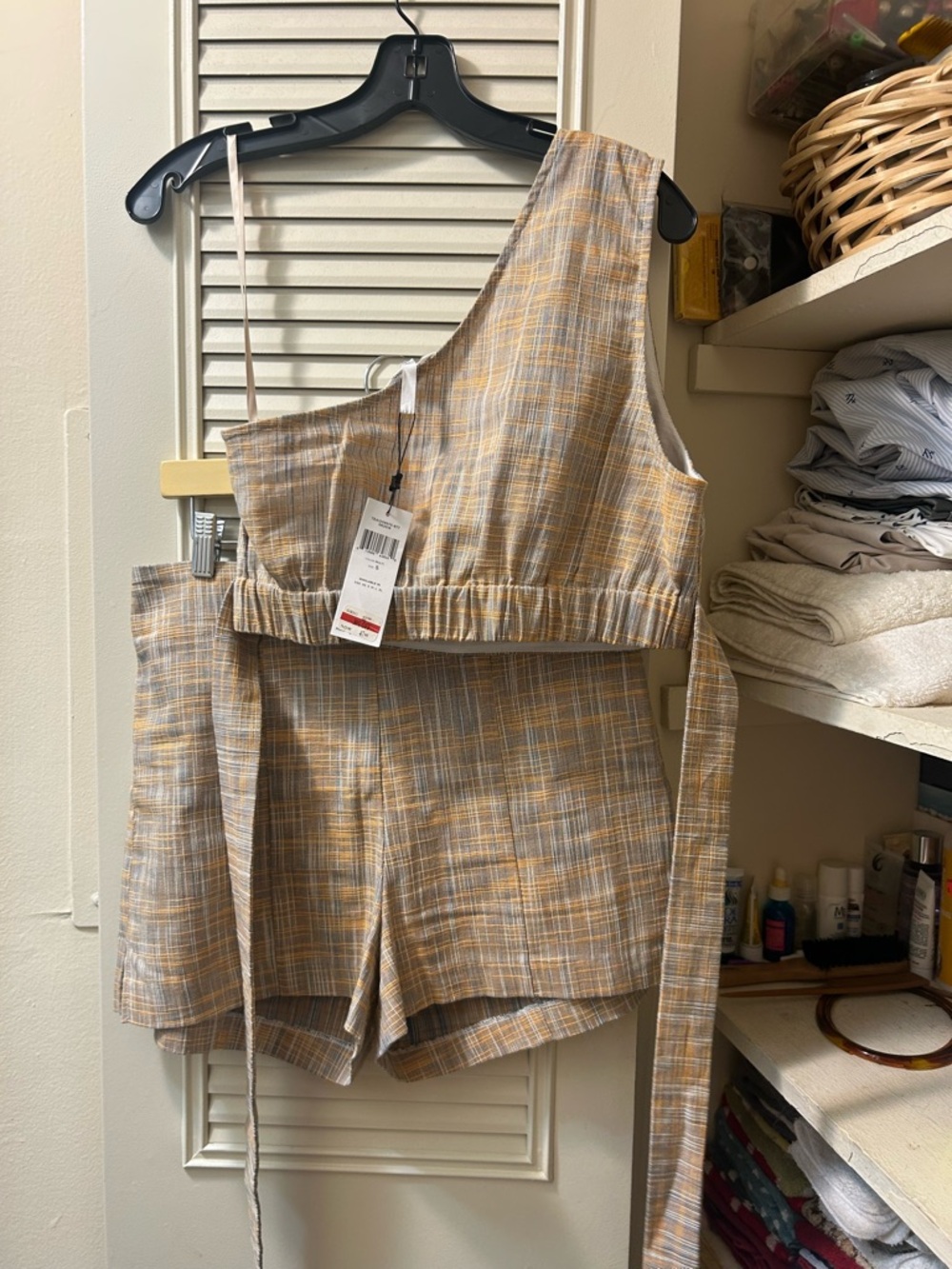 One-Shoulder Plaid Two-Piece Set in Beige and Mustard size 8